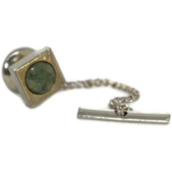 Vintage Gold and Green Stone Tie Tack with Chain, Vintage Men's Accessories - Picture 10 of 10
